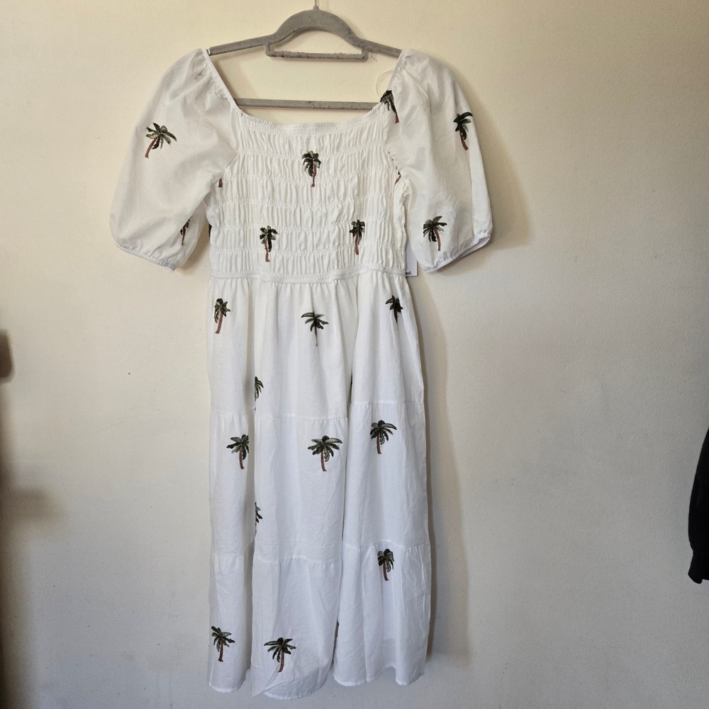 Anthropologie White Palm-Print Midi Dress with Puff